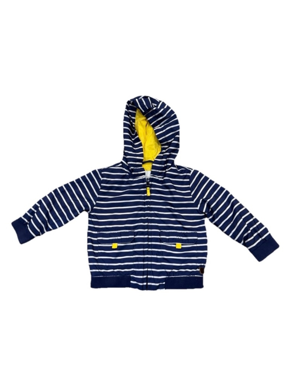 Janie and Jack Navy striped hooded anorak Rain jacket yellow accent Size 18-24 M